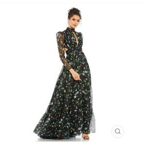 Brand New with tags Mac Duggal High Neck Puff Sleeve Black Floral Gown